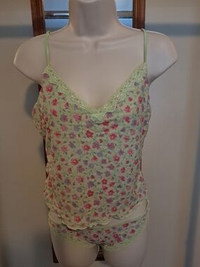 Floral Lace Trim Camisole & Panties- Light Green